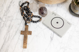 ***Cross on Antiqued Black Wood Bead Strand