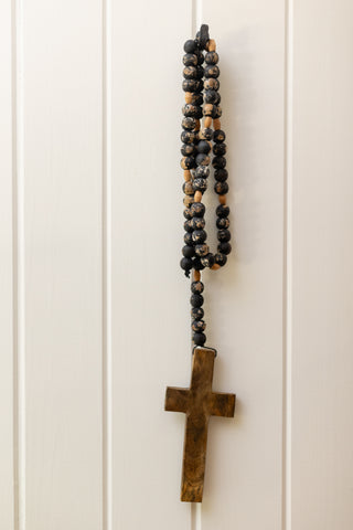 ***Cross on Antiqued Black Wood Bead Strand