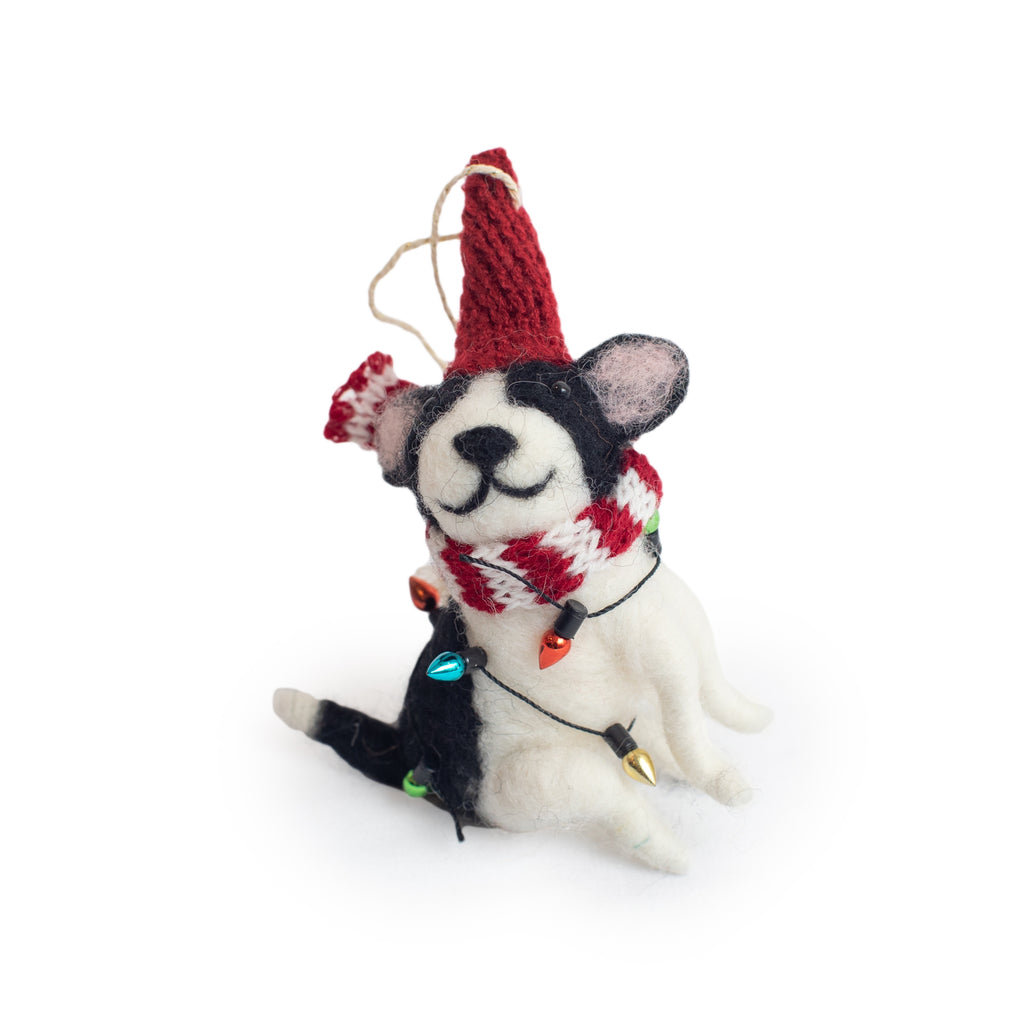 Black & White Dog with Red Hat, Scarf & Lights Ornament Sugarboo & Co