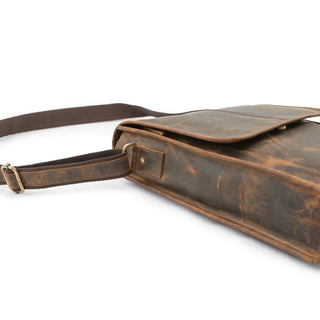 ***Leather Crossbody Briefcase - Scratched Leather Distressed Brown 16.5 x 10.5 x 3.5