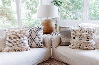 ***Cream Woven Pillow with Fringe and Black/Brown Stitching - 24"x24"