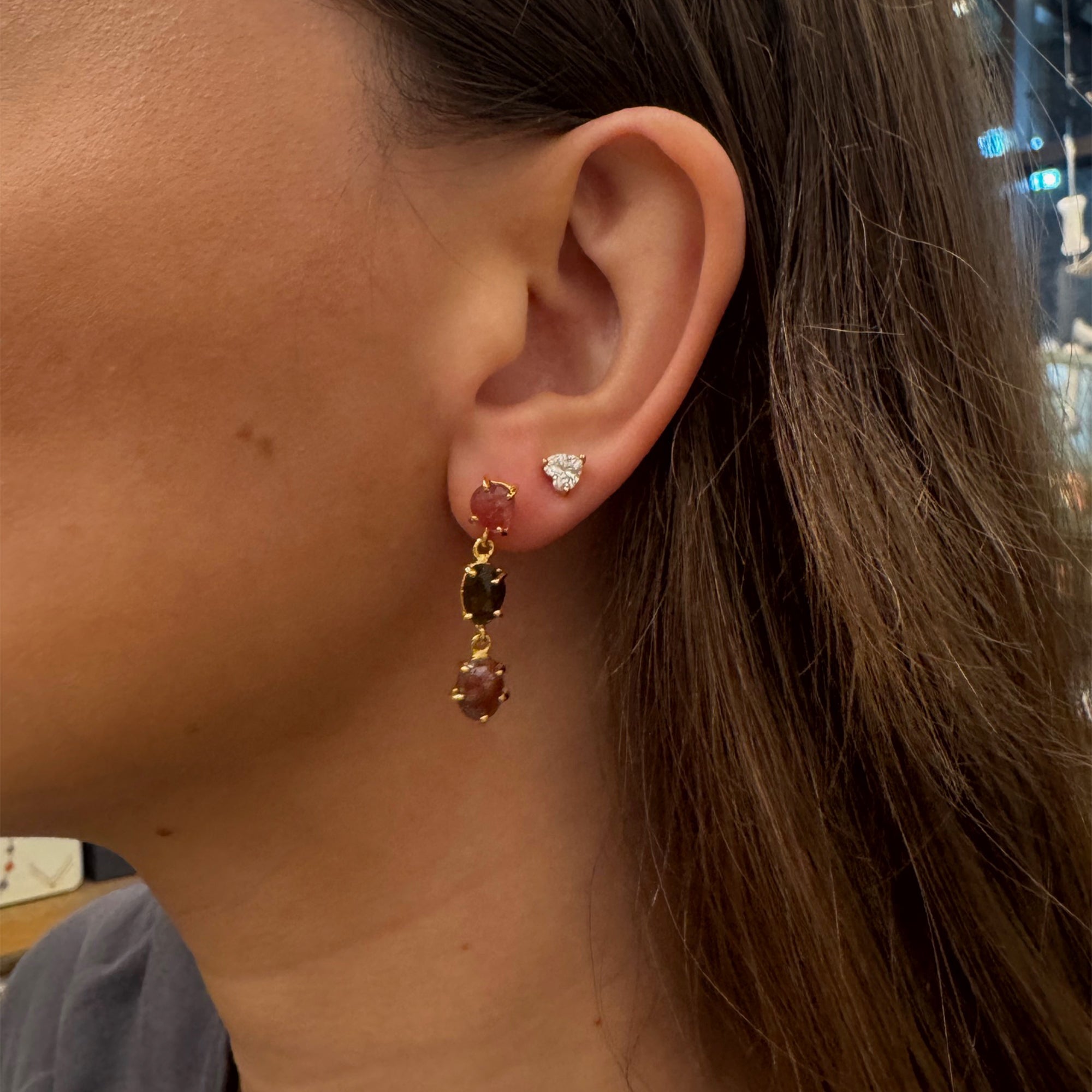 Watermelon Tourmaline Stud Earrings - Gold Plated Brass