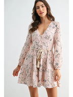 Embroidered Floral Belted Long-Sleeve Mini Dress