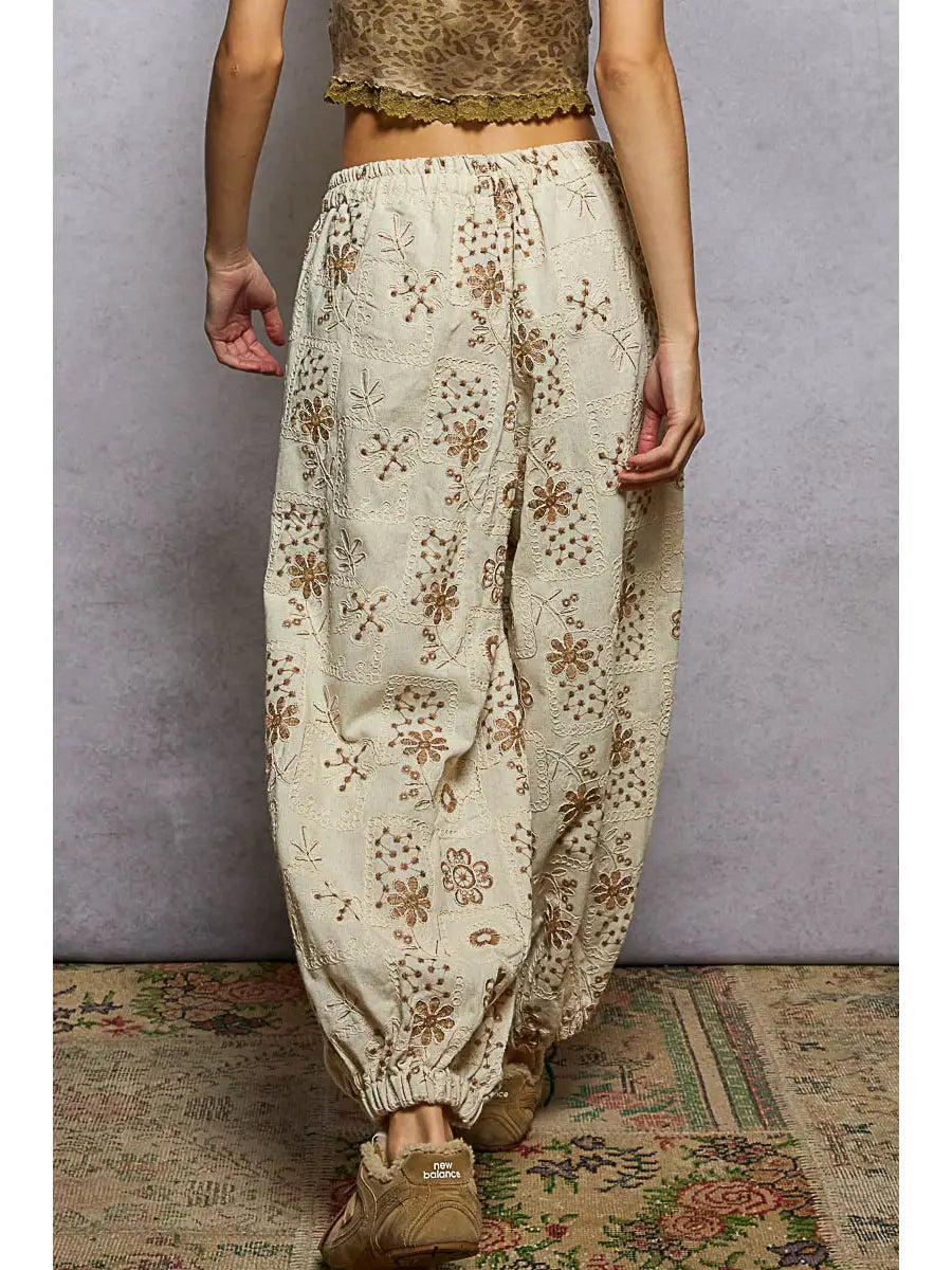 Floral Embroidery Quilted Woven Jogger Pants