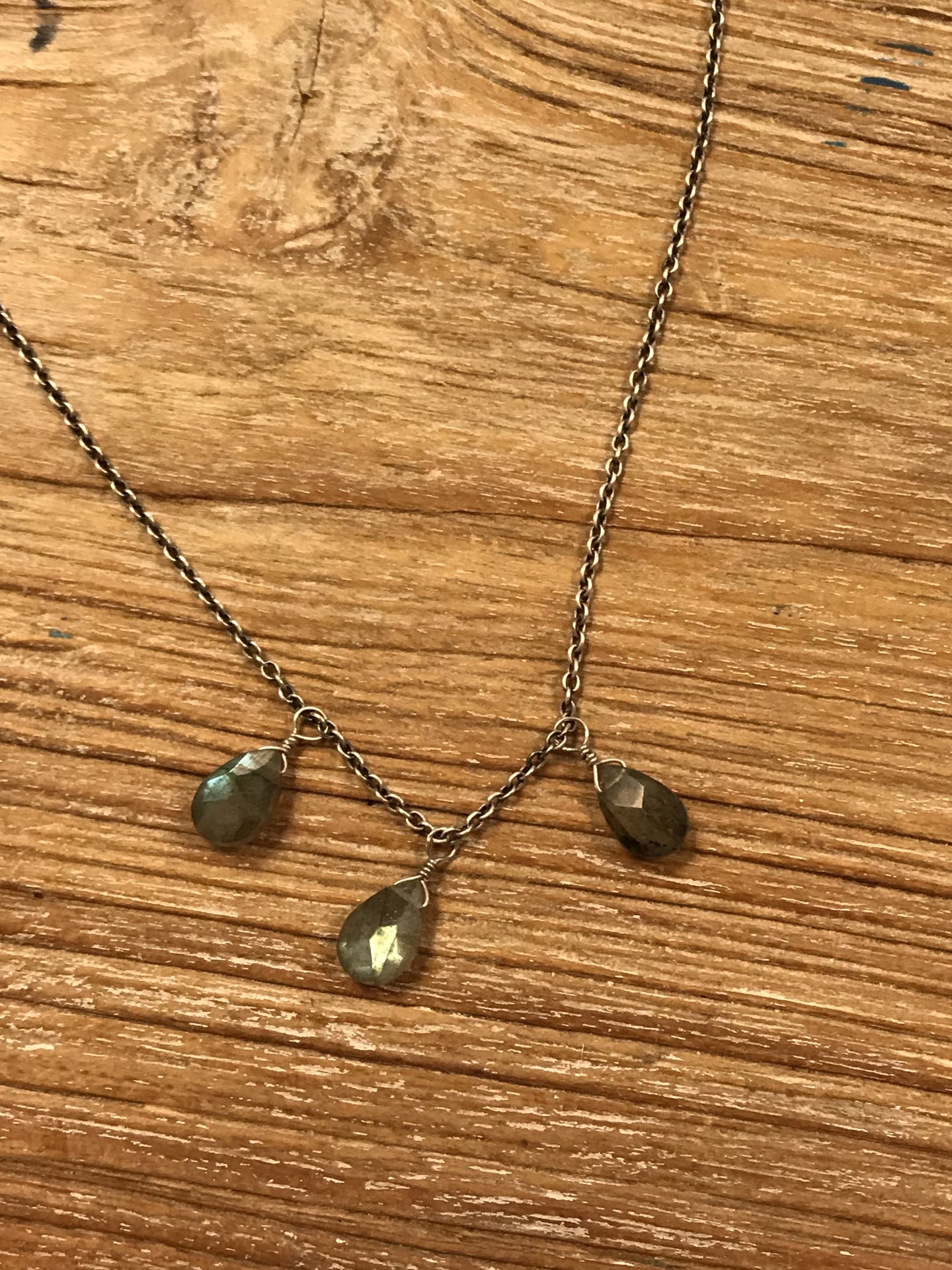 ***Three Stone Labradorite Necklace 16" + 2" Extender