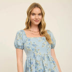 Floral Light Denim Puff Sleeve Mini Dress