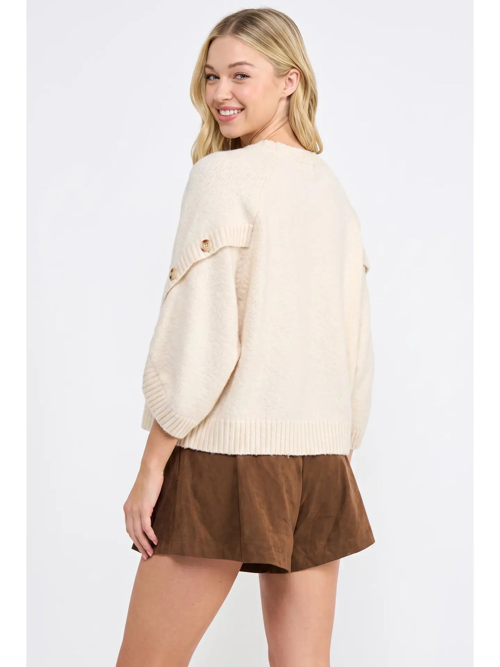 Button Sleeve Knit Pullover - Cream