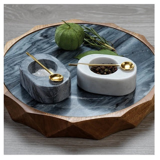 Tuscan Gray Marble Salt & Pepper Bowl w/ Gold Spoon