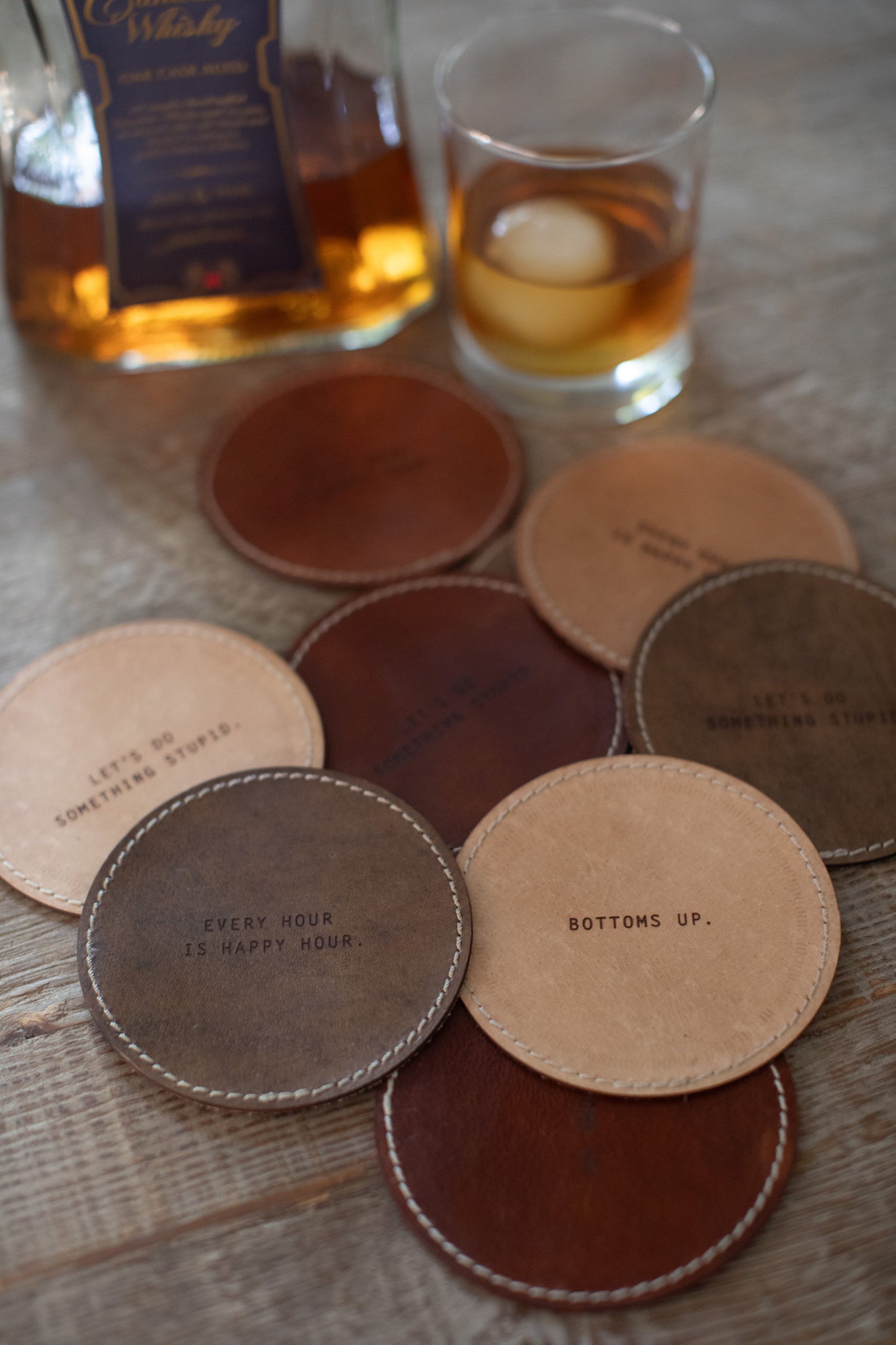 Bottoms Up Leather Coaster in Tan - 4pcs