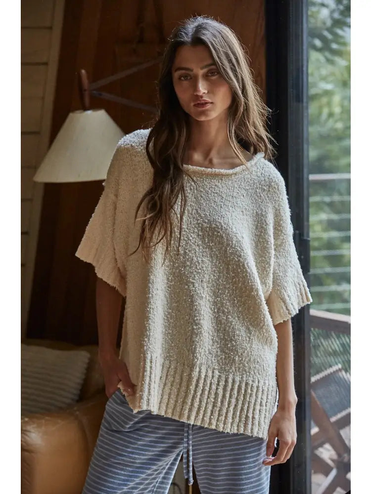 Knit Sweater Cotton Short Sleeve Pullover - Natural