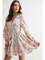 Embroidered Floral Belted Long-Sleeve Mini Dress