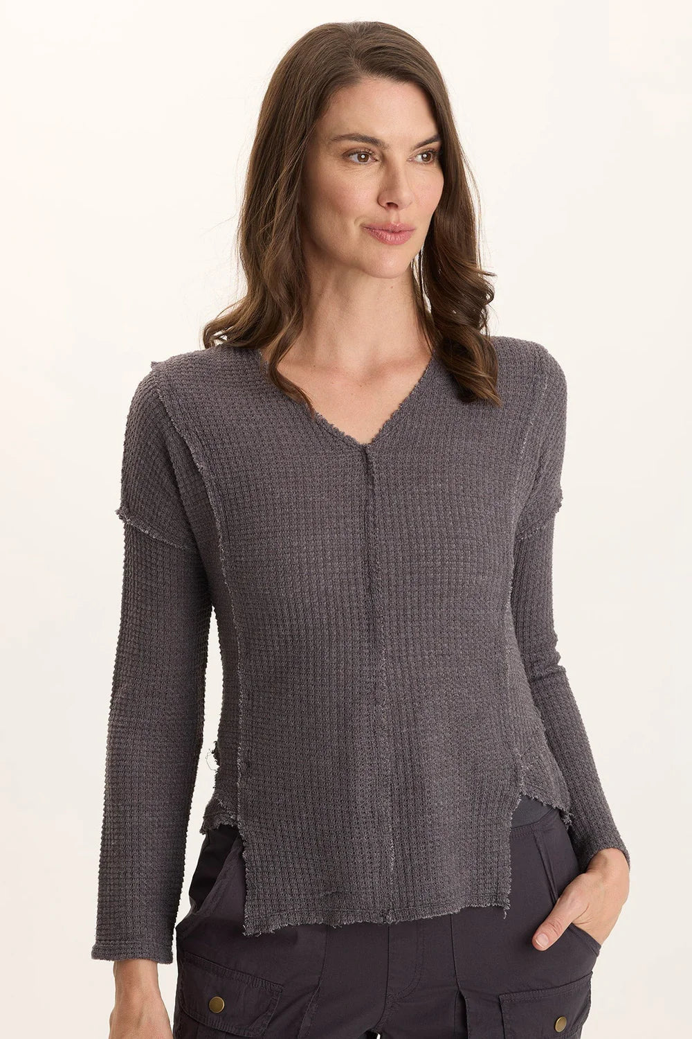 Arnie Thermal Asymmetrical Hem V-Neck Top