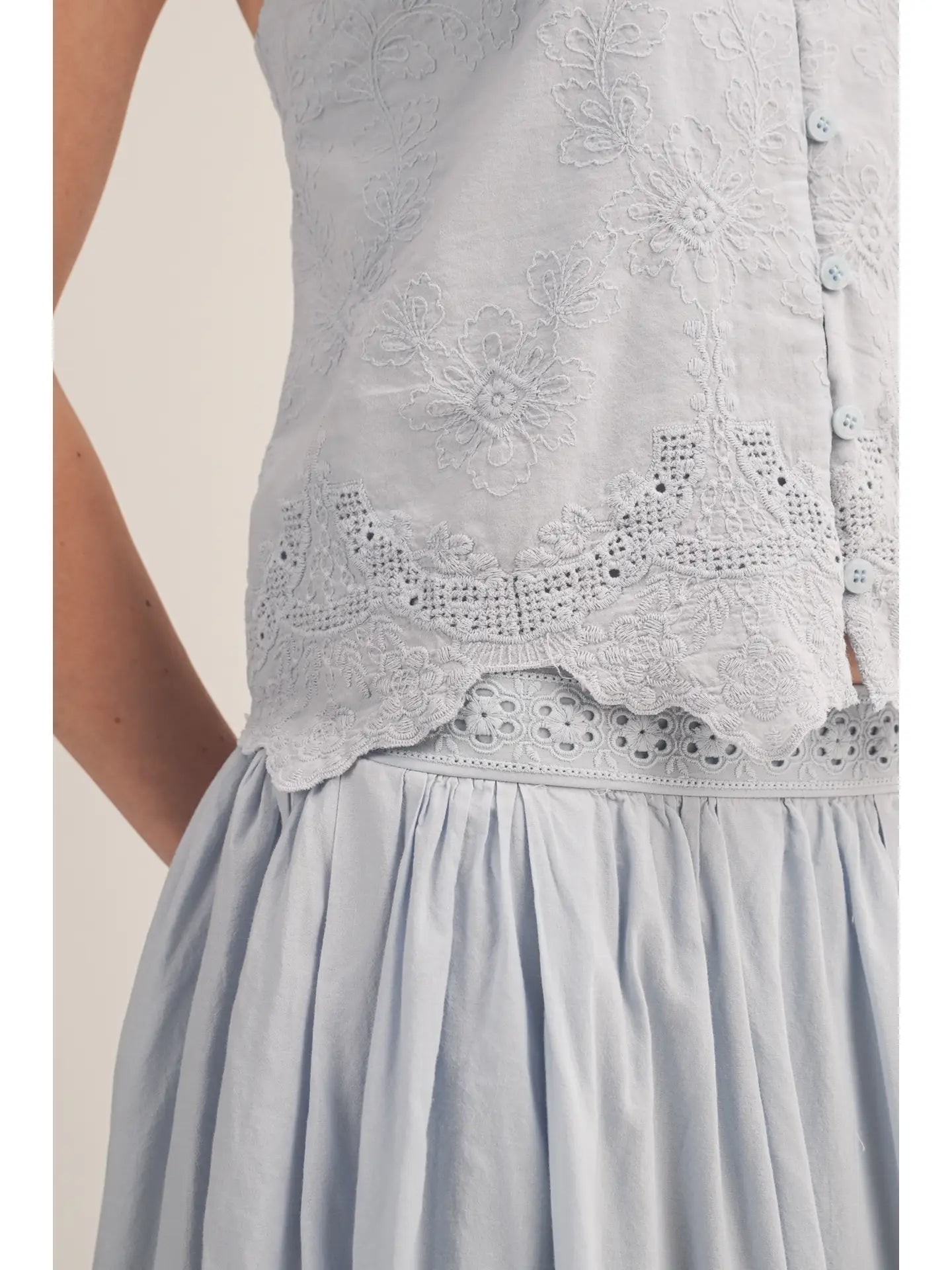 Button Front Lace Bottom Tank - Water Blue