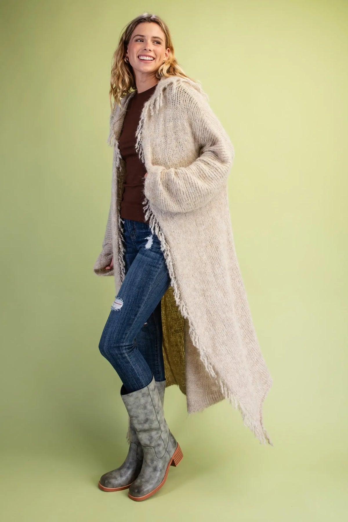 Shaggy Trim Cardigan with Hood - Latte