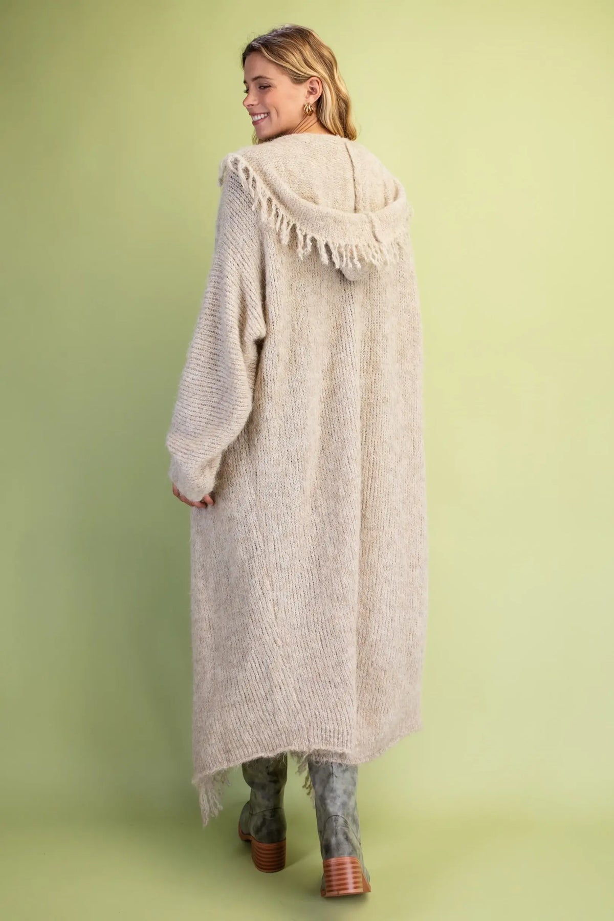 Shaggy Trim Cardigan with Hood - Latte