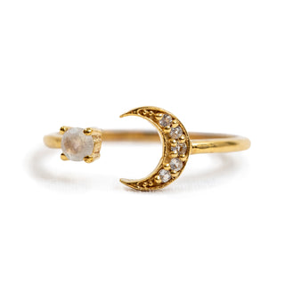 ***Gold Plated Brass White Topaz Pave Moon Ring Adjustable