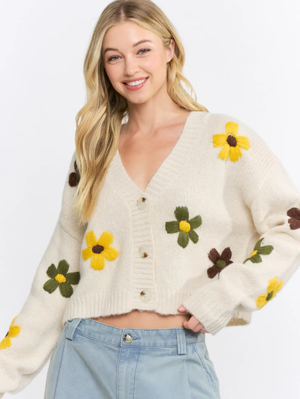 Embroidered Floral Button-Front Cropped Cardigan