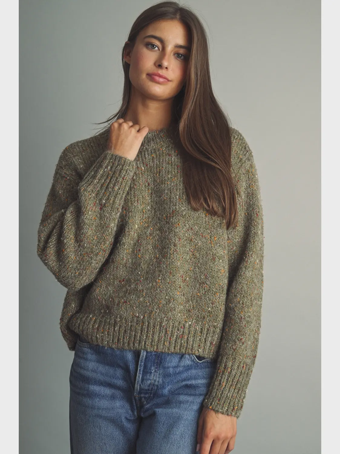 Multicolor Flecked Crewneck Sweater - Olive