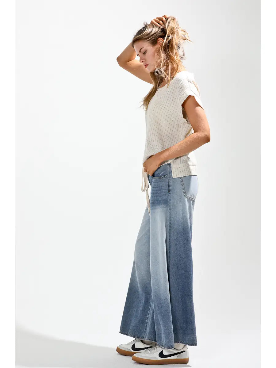 Waist Strap Included Ombre Dyed Wide Denim Pants