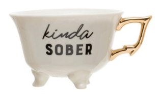 White Stoneware Footed Teacup - "Kinda Sober"