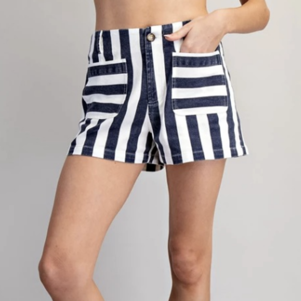 Mineral Washed Striped Shorts, Midnight