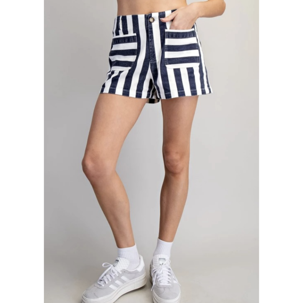 Mineral Washed Striped Shorts, Midnight