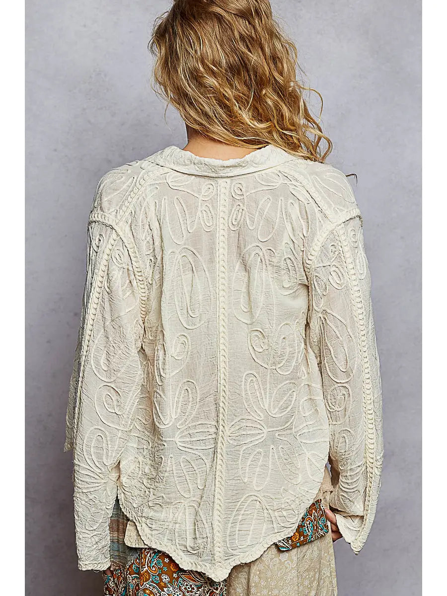 Long Sleeve Crochet Embroidered Floral Shirt