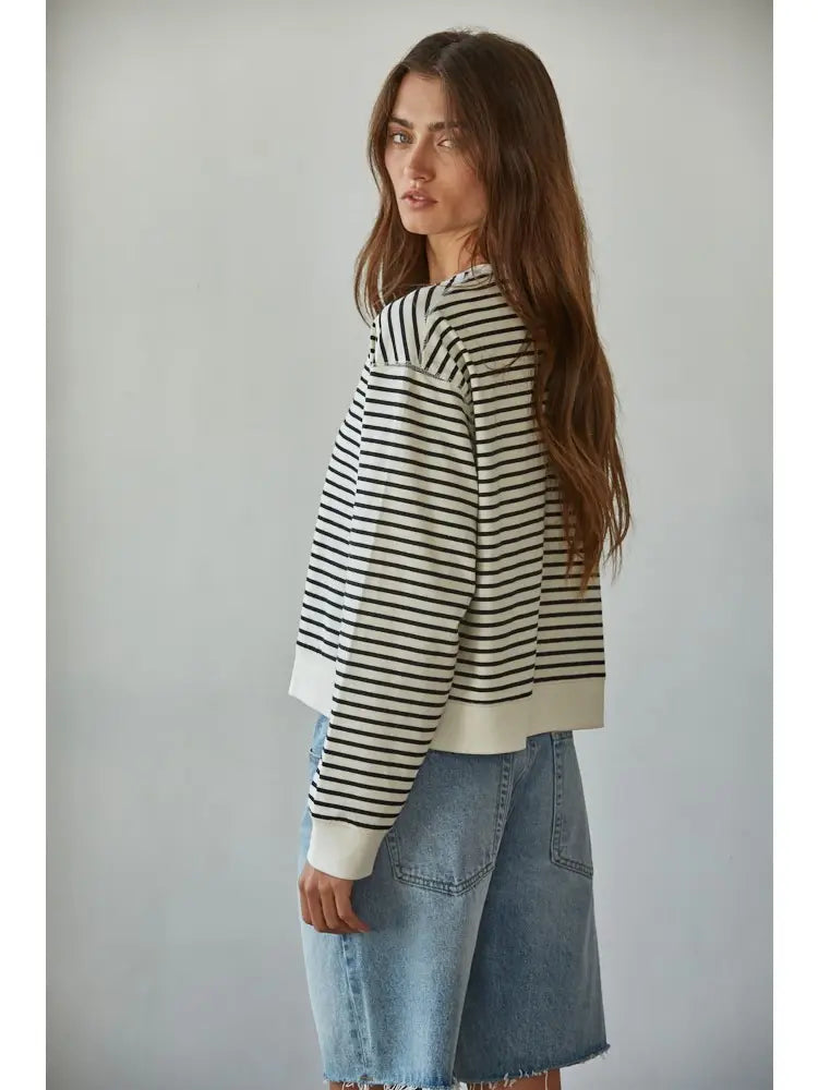 Knit Cotton Striped Crew Neck Long Sleeve Top