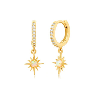 Pave CZ Huggie with Opal Starburst Charm Earrings - Gold