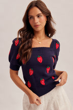 Strawberry Bubble Sleeve Sweater Top