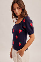 Strawberry Bubble Sleeve Sweater Top