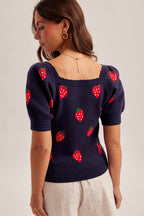 Strawberry Bubble Sleeve Sweater Top