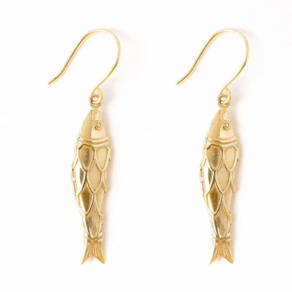 Sally Fish Dimensional Dangle Earrings - Brass
