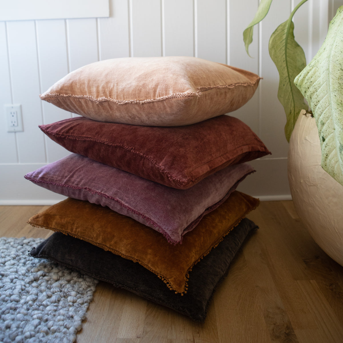***Mauve Velvet Pillow With Poms 22x22