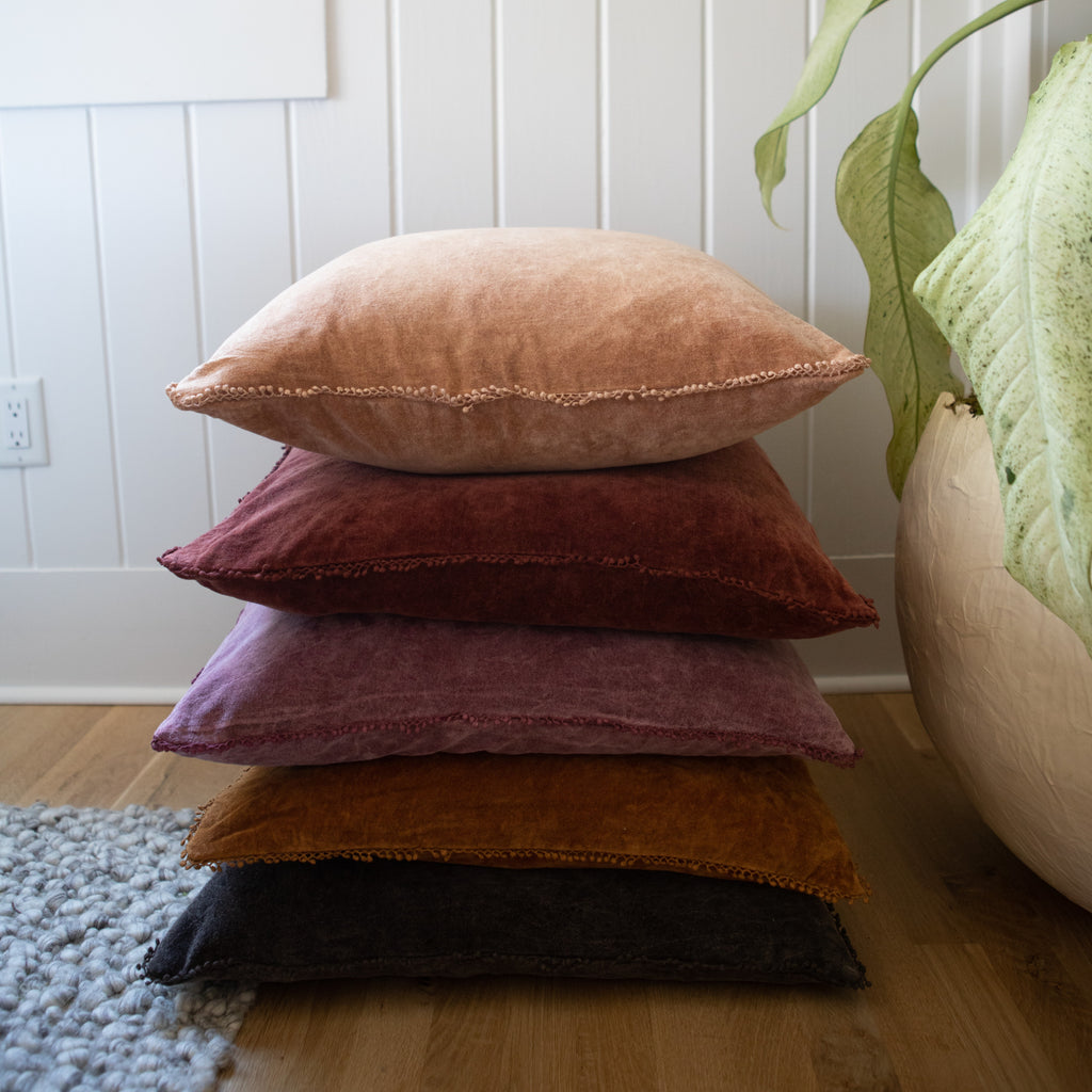 ***Mauve Velvet Pillow With Poms 22x22