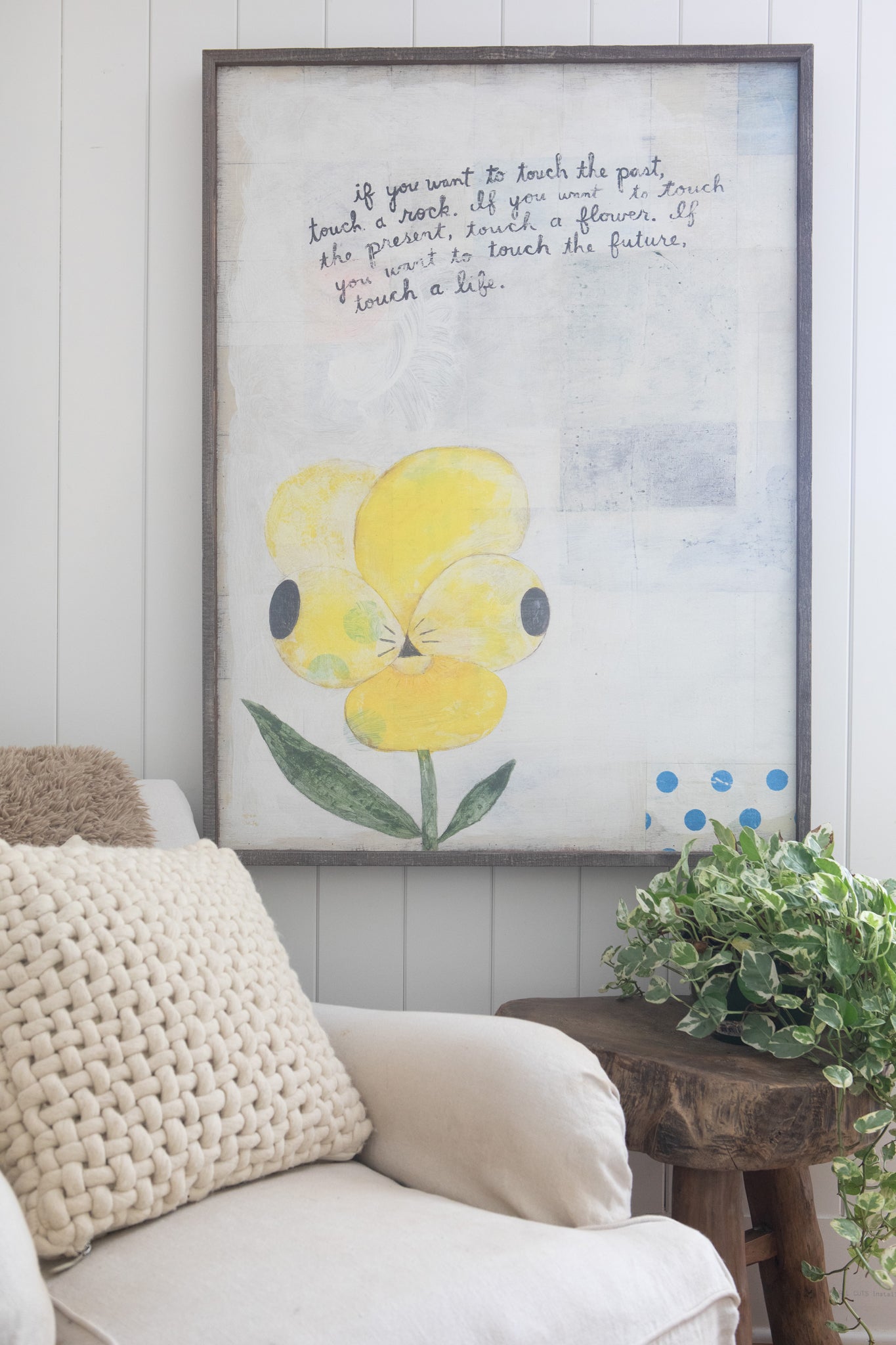Yellow Pansy Vertical  Art Print (Grey Wood)