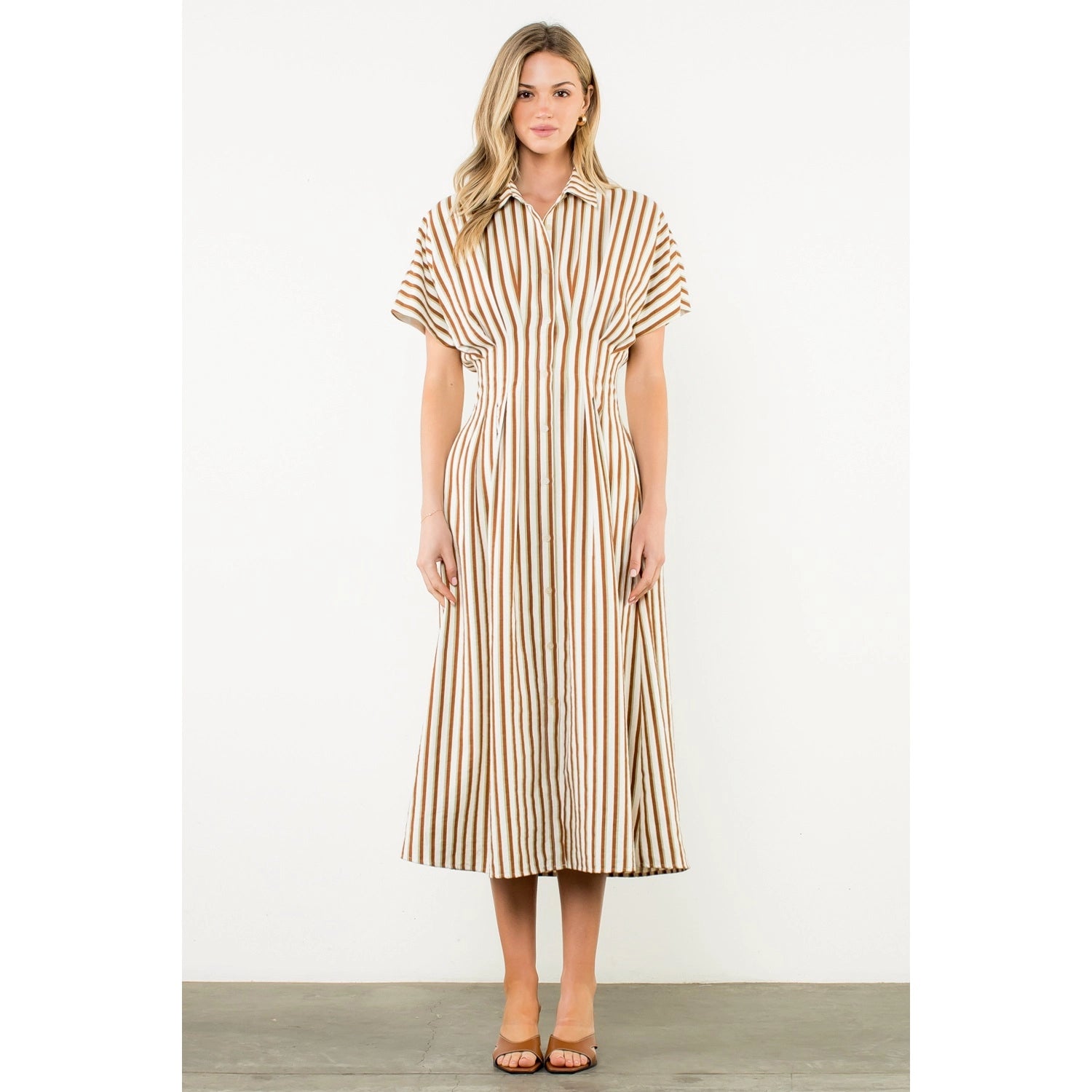 Button Up Short Sleeve Striped Maxi Dress