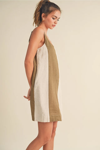 Color Block Linen Mini Dress, Olive/Oatmeal