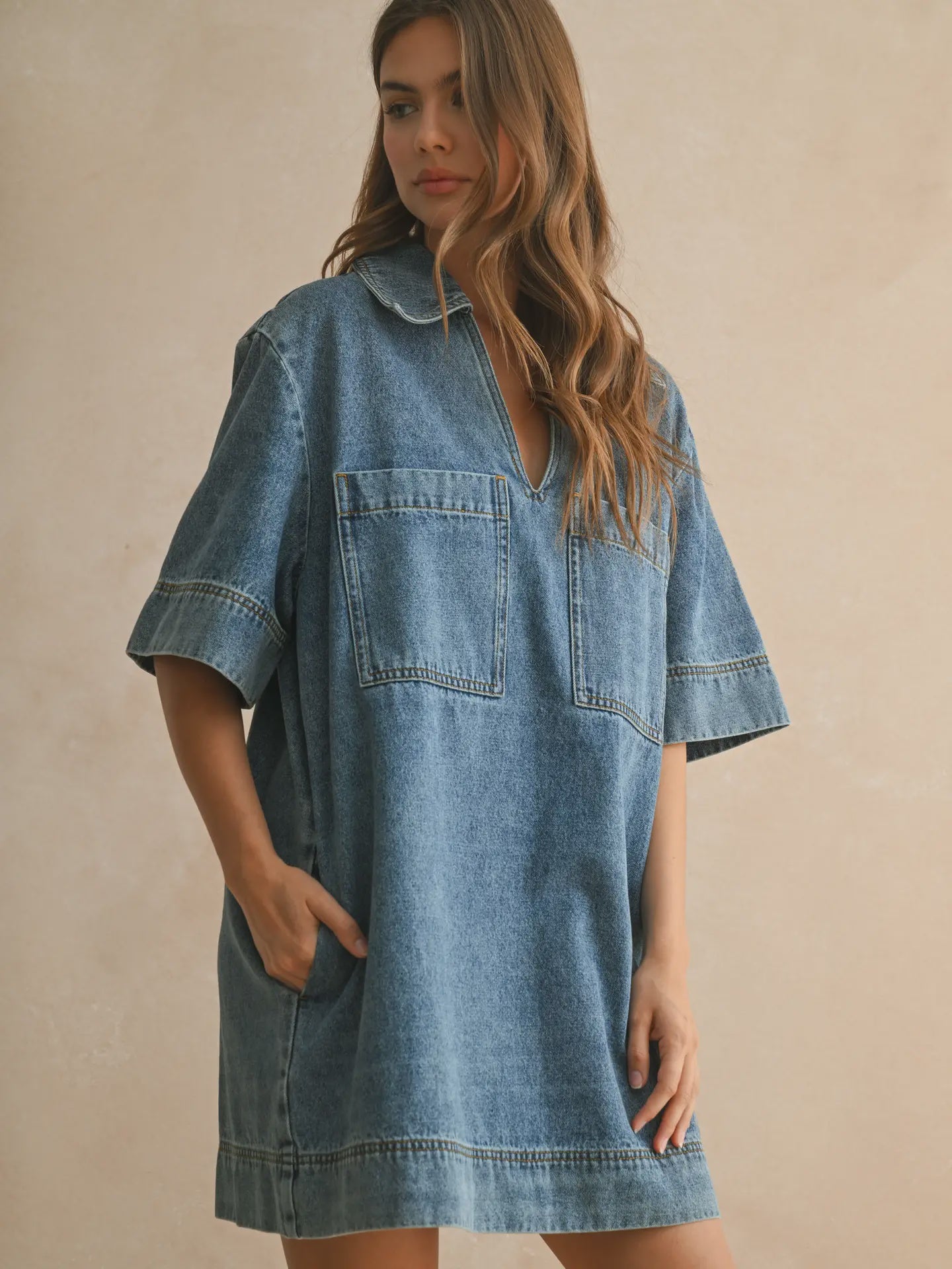 V-Neck Denim Tunic Dress
