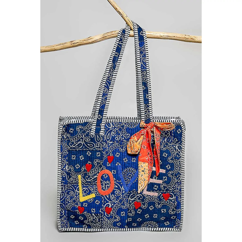 Quilted Indigo Paisley Love Tote Bag