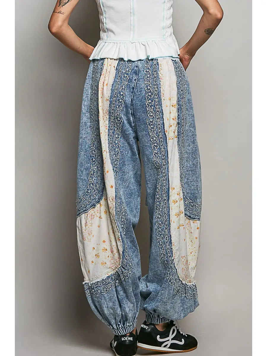 Patchwork Embroidery French Terry Jogger Pants