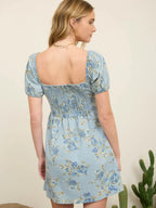 Floral Light Denim Puff Sleeve Mini Dress