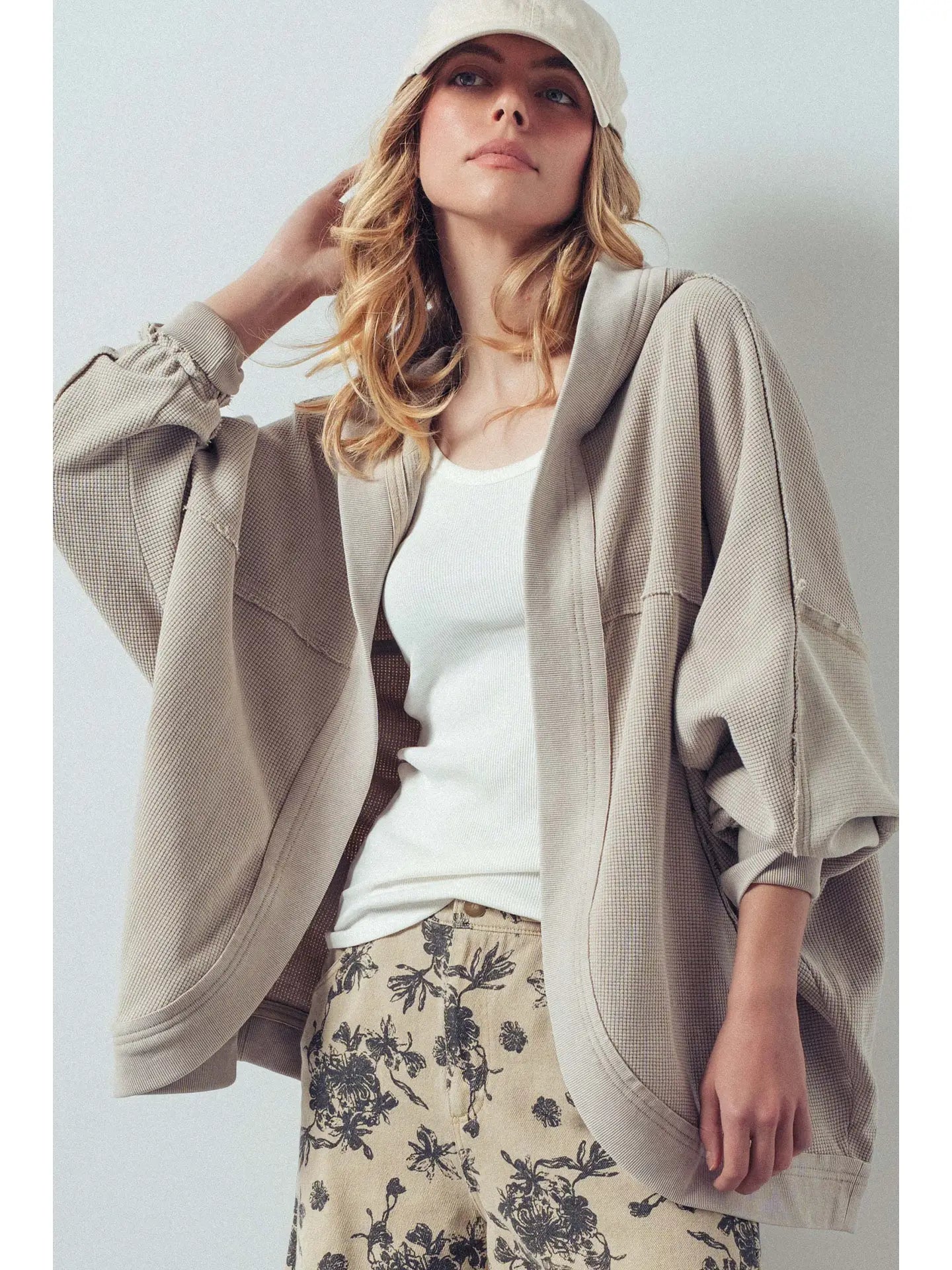 Washed Waffle Knit Hooded Cardigan