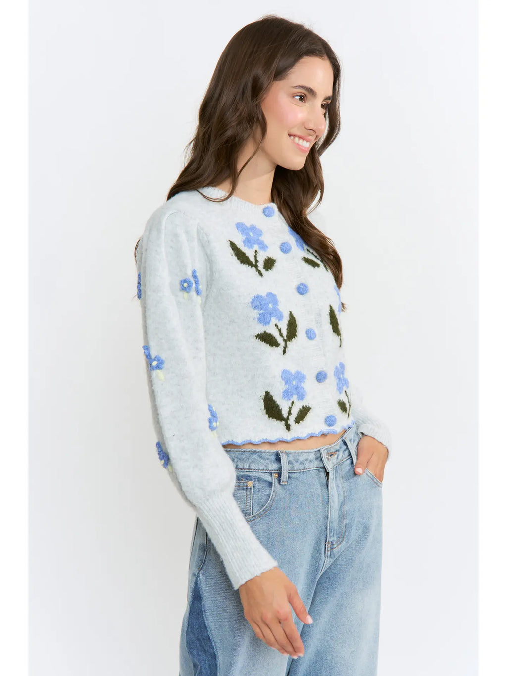 Wool-Blend Floral Embroidery Cardigan