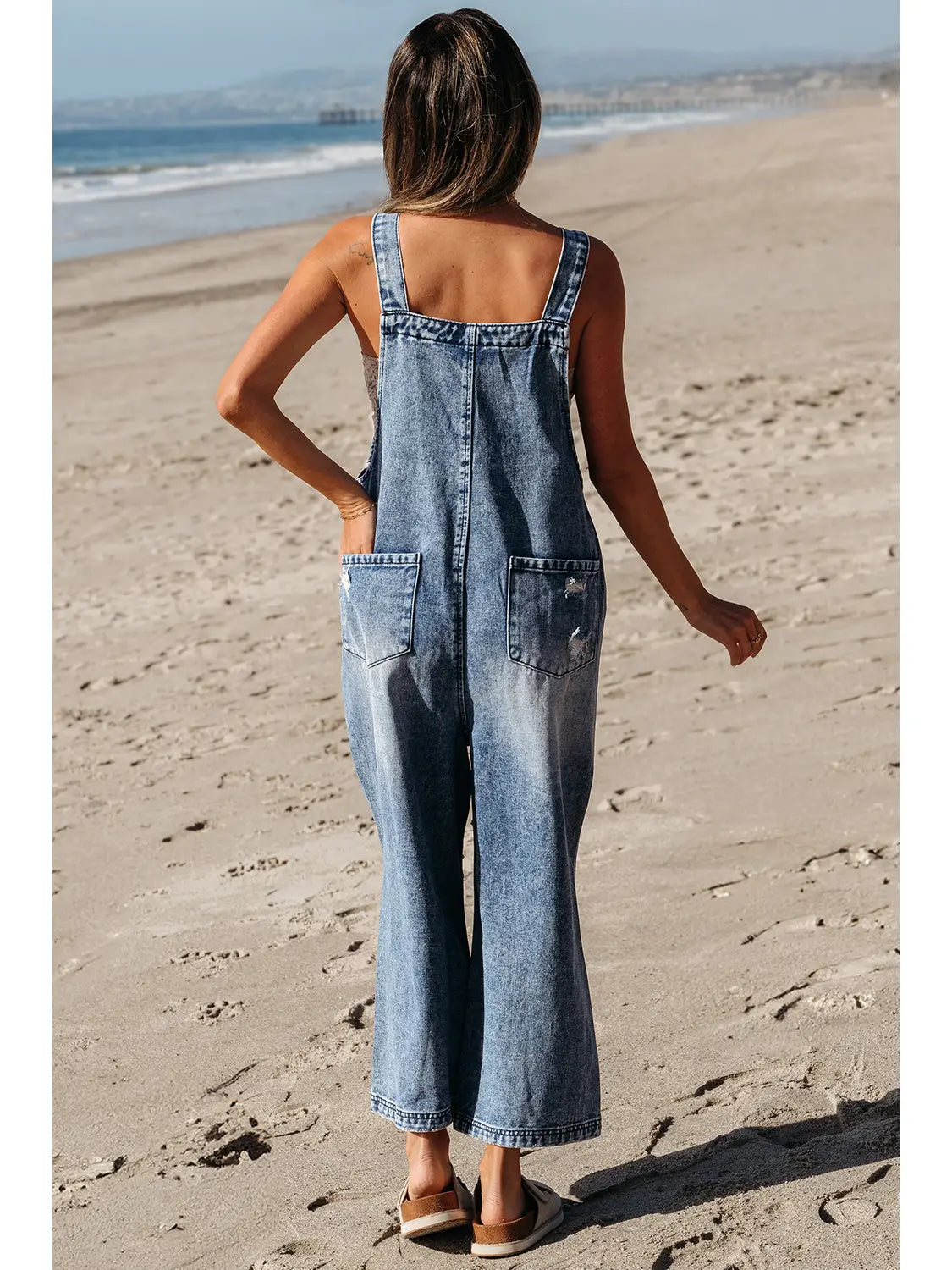 Distressed Bib Pocket Wide Leg Denim Overall