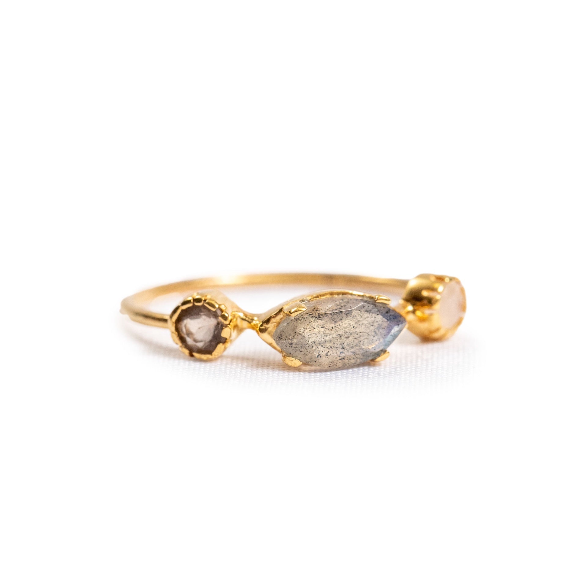 Rainbow Moonstone, Labradorite & Smoky Quartz Gold Plated Ring - Size