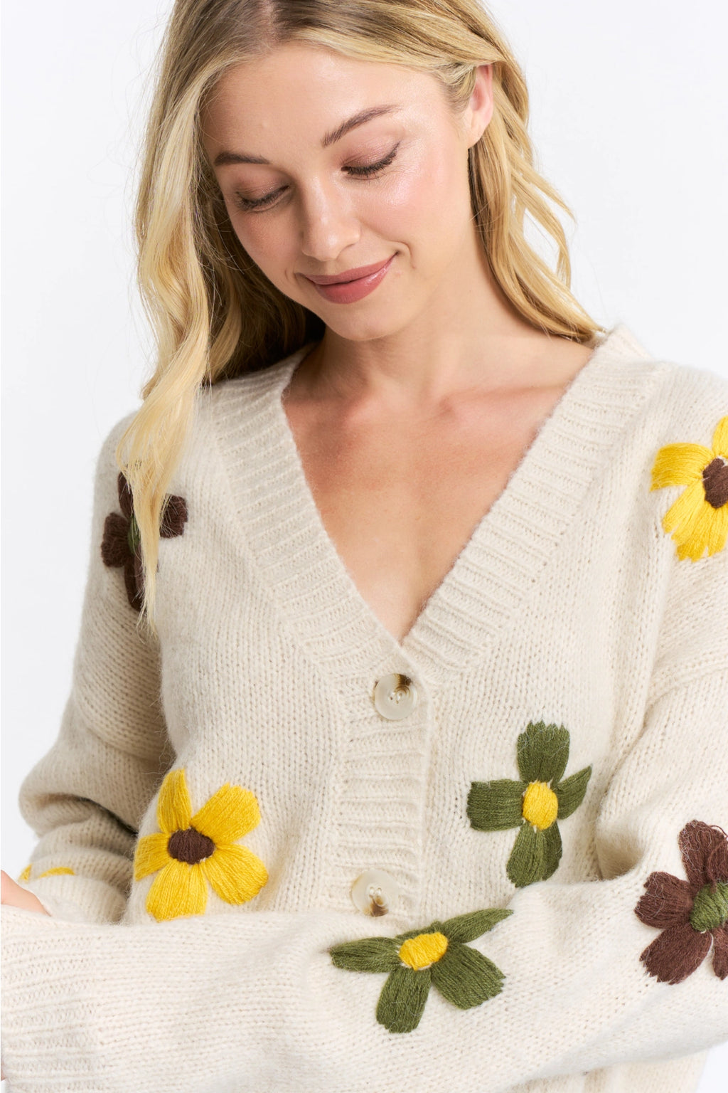 Embroidered Floral Button-Front Cropped Cardigan