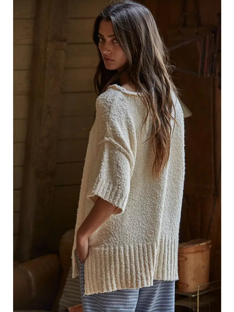 Knit Sweater Cotton Short Sleeve Pullover - Natural