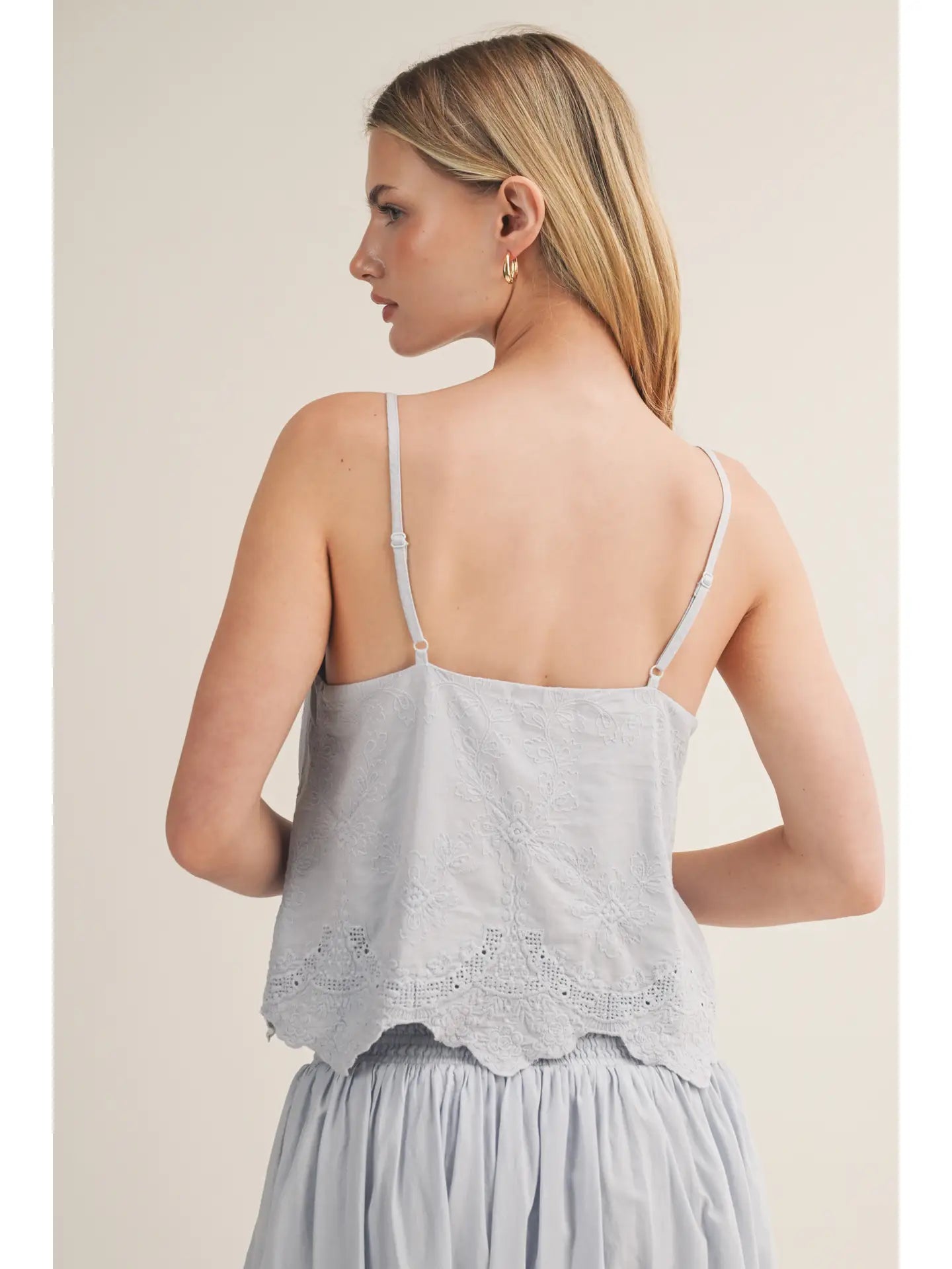 Button Front Lace Bottom Tank - Water Blue