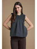 Smocked Ruffle Gingham Sleeveless Top in Grey
